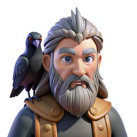 serene minimalist A wise Odin with his ravens Huginn and Muninn perched on his shoulders, depicted in a Viking art style high resolution png
