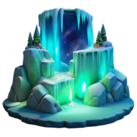 magnificent classic A frozen waterfall illuminated by the northern lights, ethereal lighting, fantasy art style 4K png