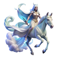 extraordinary contemporary A spectral Valkyrie with flowing white robes and a winged helmet riding a translucent eight-legged horse through a swirling nebula, digital painting detailed png