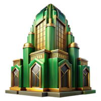 stunning artistic Art Deco skyscraper, emerald green and gold accents, sunset lighting, highly polished surfaces, stylized geometric patterns high quality png