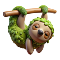 beautiful classic A sleepy sloth hanging upside down from a tree branch, its fur covered in moss and algae, in a quirky cartoon style original png