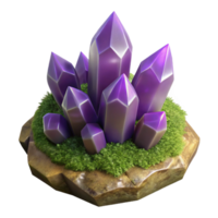 magnificent classic A cluster of amethyst crystals growing on a moss-covered rock, hyperrealistic style, soft diffused lighting original png