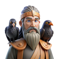serene rustic Odin with his ravens Huginn and Muninn, wise and stoic, Viking art style genuine png