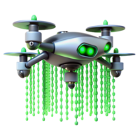 extraordinary contemporary A solitary drone hovering against a backdrop of binary code raining down, cyberpunk aesthetic, neon green lighting professional png
