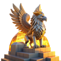 magnificent artistic A majestic griffin with iridescent feathers perched atop a crumbling ziggurat bathed in the golden light of a setting sun, Art Deco style high resolution png