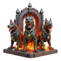 extraordinary artistic A three-headed Cerberus guarding the gates of the underworld, bathed in the flickering light of hellfire, chains made of glowing embers, grim and dark fantasy style exclusive png