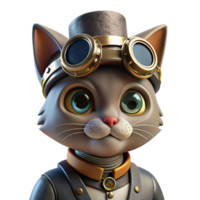beautiful minimalist A portrait of a steampunk cat wearing goggles and a tiny top hat, intricate gears and pipes adorning its collar, lit by a single spotlight high resolution png