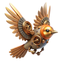 extraordinary rustic A steampunk-inspired mechanical bird in flight, detailed gears and cogs visible, vintage style, warm lighting exclusive png