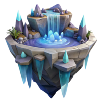 dramatic minimalist A floating island with cascading waterfalls and crystal structures, ethereal lighting, fantasy art style, highly detailed detailed png