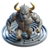 beautiful classic A powerful minotaur trapped in the labyrinth, intricate maze visible in the background, muscles rippling, surreal style high resolution png