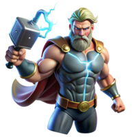 vibrant classic The Norse god Thor summoning lightning with Mjolnir, his hammer, muscles bulging with power, comic book style, dramatic lighting, high resolution png