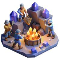 elegant traditional A group of dwarves mining for gems in a cavern lit by glowing crystals, warm lighting, isometric view original png
