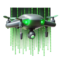 magnificent classic A solitary drone hovering against a backdrop of binary code raining down, cyberpunk aesthetic, neon green lighting authentic png