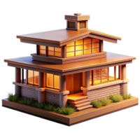 stunning traditional A hyperrealistic rendering of a Frank Lloyd Wright house, warm interior lighting, prairie style high resolution png