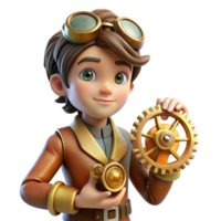 serene contemporary A portrait of a steampunk child holding a clockwork toy, intricate gears and springs, illuminated by a soft, nostalgic light original png