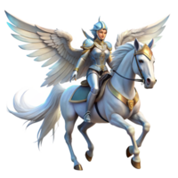 elegant minimalist A graceful Valkyrie riding a winged horse through a twilight sky, armor gleaming silver, rendered in a digital painting style premium png