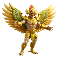 stunning rustic A powerful Garuda, Hindu mythical bird, with golden feathers and a human-like face, dynamic pose, fantasy art style high resolution png