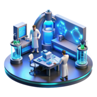 vibrant contemporary A futuristic laboratory filled with glowing screens and complex equipment, scientists working in the background, lit by cool blue and white lights professional png