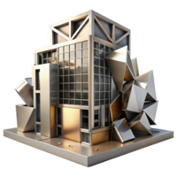 elegant abstract Deconstructivist office building, fragmented forms, metallic surfaces, dramatic lighting, abstract art style, high contrast, original png