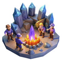 magnificent rustic A group of dwarves mining for gems in a cavern lit by glowing crystals, warm lighting, isometric view exclusive png