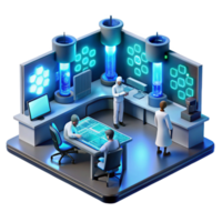 stunning artistic A futuristic laboratory filled with glowing screens and complex equipment, scientists working in the background, lit by cool blue and white lights genuine png