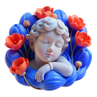 serene contemporary A sleeping Hypnos surrounded by poppies, dreamlike blue lighting, Art Nouveau style high resolution png