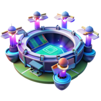 extraordinary artistic A futuristic sports stadium with holographic displays and flying drones, vibrant neon colors, cyberpunk style, dynamic perspective, high resolution png