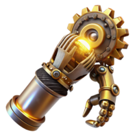 dramatic rustic A steampunk prosthetic arm, crafted from polished brass and intricate gears, illuminated by a single spotlight. Dramatic lighting, cyberpunk style exclusive png