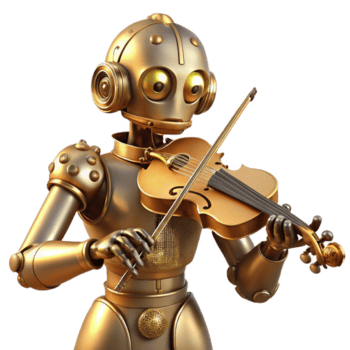 dramático moderno uma steampunk robô jogando uma violino, intrincado cordas e arco, iluminado de uma macio, Holofote exclusivo png