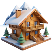 impressive contemporary A Swiss chalet, wooden balconies, snow-capped mountains in the background, picturesque, idyllic style detailed png