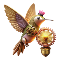 stunning creative A steampunk hummingbird with delicate, filigree wings made of gears and cogs, hovering near a clockwork flower, illuminated by a single spotlight premium png