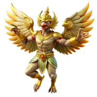 magnificent classic A powerful Garuda, Hindu mythical bird, with golden feathers and a human-like face, dynamic pose, fantasy art style exclusive png