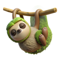 serene minimalist A sleepy sloth hanging upside down from a tree branch, its fur covered in moss and algae, in a quirky cartoon style professional png