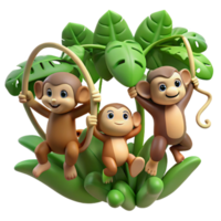 beautiful rustic A group of playful monkeys swinging through the jungle, dynamic poses and lush green foliage, cartoon style exclusive png