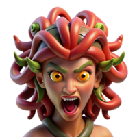 serene artistic A fierce gorgon with snakes for hair, eyes glowing red, dramatic lighting, comic book style authentic png