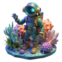 elegant creative A steampunk diver, exploring a coral reef filled with bioluminescent creatures, illuminated by the ethereal glow of the underwater world. Underwater lighting, fantasy art style 4K png