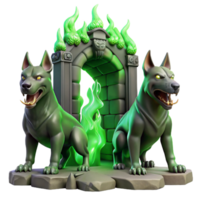beautiful vintage Cerberus, the three-headed hound of Hades, guarding the gates of the underworld, illuminated by flickering green flames, in a gritty, realistic style authentic png