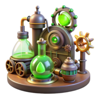 impressive traditional A steampunk laboratory filled with bizarre inventions and intricate gadgets, cogs and gears scattered about, illuminated by a flickering, green light detailed png