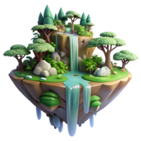 elegant contemporary A floating island with waterfalls cascading down its sides, lush vegetation, fantasy setting, soft light exclusive png