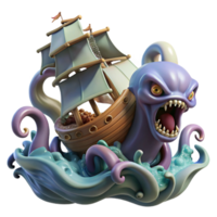 vibrant modern A fearsome kraken attacking a ship, waves crashing around it, dramatic lighting, realistic style authentic png