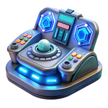 underbar rustik en trogen kontrollera panel med lysande knappar och skärmar, komplex och invecklad design, belyst förbi en mjuk, blå ljus original- png