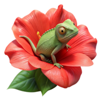 elegant minimalist A chameleon perched on a bright red hibiscus flower, its skin perfectly camouflaged, captured in macro photography with intricate details 4K png