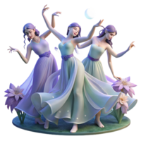 serene creative A group of nymphs dancing in a moonlit meadow, flowing gowns, ethereal and dreamlike, Art Nouveau style high quality png