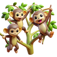 impressive rustic A group of playful monkeys swinging through the branches of a lush rainforest, illuminated by dappled sunlight, in a vibrant cartoon style high quality png