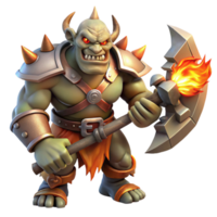 extraordinary modern A fierce orc chieftain wielding a massive axe, fiery battlefield lighting, gritty and dark fantasy style detailed png