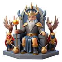 stunning traditional Odin, Allfather of the Norse gods, seated on his throne in Valhalla, surrounded by Valkyries, epic fantasy style original png