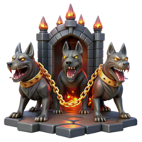wonderful creative A three-headed Cerberus guarding the gates of the underworld, bathed in the flickering light of hellfire, chains made of glowing embers, grim and dark fantasy style original png