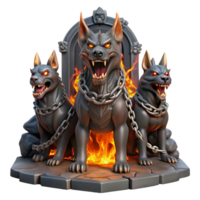 extraordinary rustic A three-headed Cerberus guarding the gates of the underworld, bathed in the flickering light of hellfire, chains made of glowing embers, grim and dark fantasy style 4K png