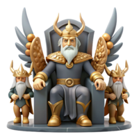 beautiful vintage Odin, the Allfather, seated on his throne in Valhalla, surrounded by Valkyries, epic and grand style original png