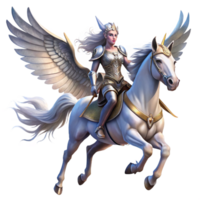 elegant abstract A graceful Valkyrie riding a winged horse through a twilight sky, armor gleaming silver, rendered in a digital painting style exclusive png